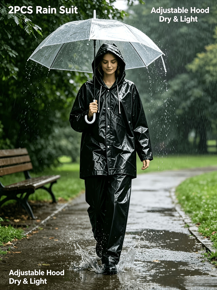 2pcs Unisex Rainwear Set, Including Hooded Jacket And Rain Pants, Lightweight And Durable, Easy to Fold Outdoor Gear, Suitable for Commuting, Cycling, Camping, And Other Rainy Outdoor - Black