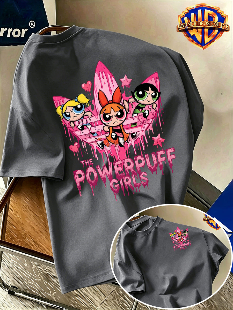 Warner Bros. Authentic Men's 100% Cotton Short-Sleeve T-Shirt, American Streetwear Brand Cartoon Print Top. Features a Complete and Full Cartoon Girl Group Design with a Sweet-cool Color-blocking Visual Effect. Eye-catching Visual Appeal - Dark Gray
