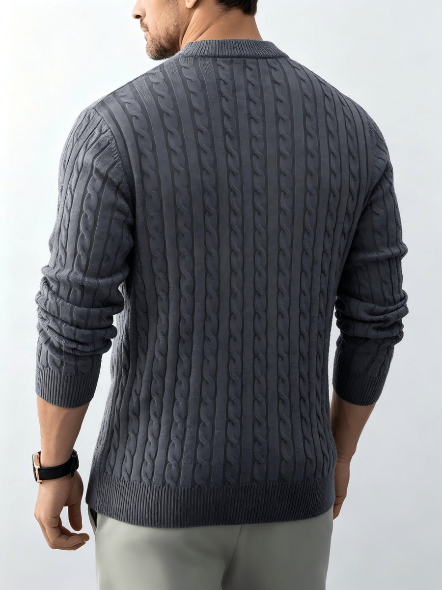 New Spring/Autumn Men's Half-Zip Stand Collar Cable Knit Long-Sleeve Sweater. The Stand Collar and Half-zip Design with Three-dimensional Cable Knitting Make It Suitable for Daily Commutes, Light Business Meetings, and Casual Gatherings - Light Grey