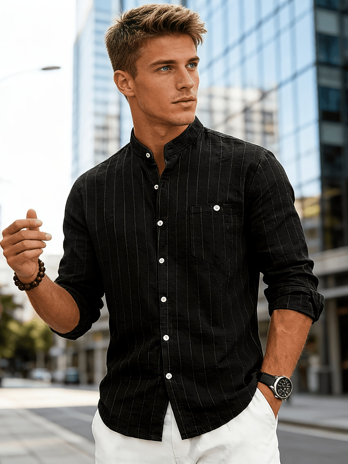 American Spring and Summer Linen Jacquard Striped Loose Casual Stand Collar Long Sleeved Pocket Men's Commuting Trend Shirt - Black