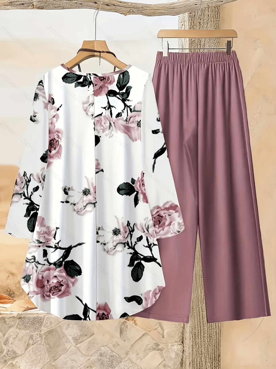 Women's Fashionable and Elegant Bohemian Print Long Sleeve and Long Pants Set - Pink Flower Pattern