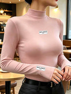 Women's Simple and Trendy Warm Long-Sleeve Half-Turtleneck Inner Layer Base Top, Popular Milan Print Pattern, New Spring, Autumn, and Winter Casual Youthful and Stylish Long-Sleeve Top, Fashionable and Elegant Slim-Fit Design for Layering - pink