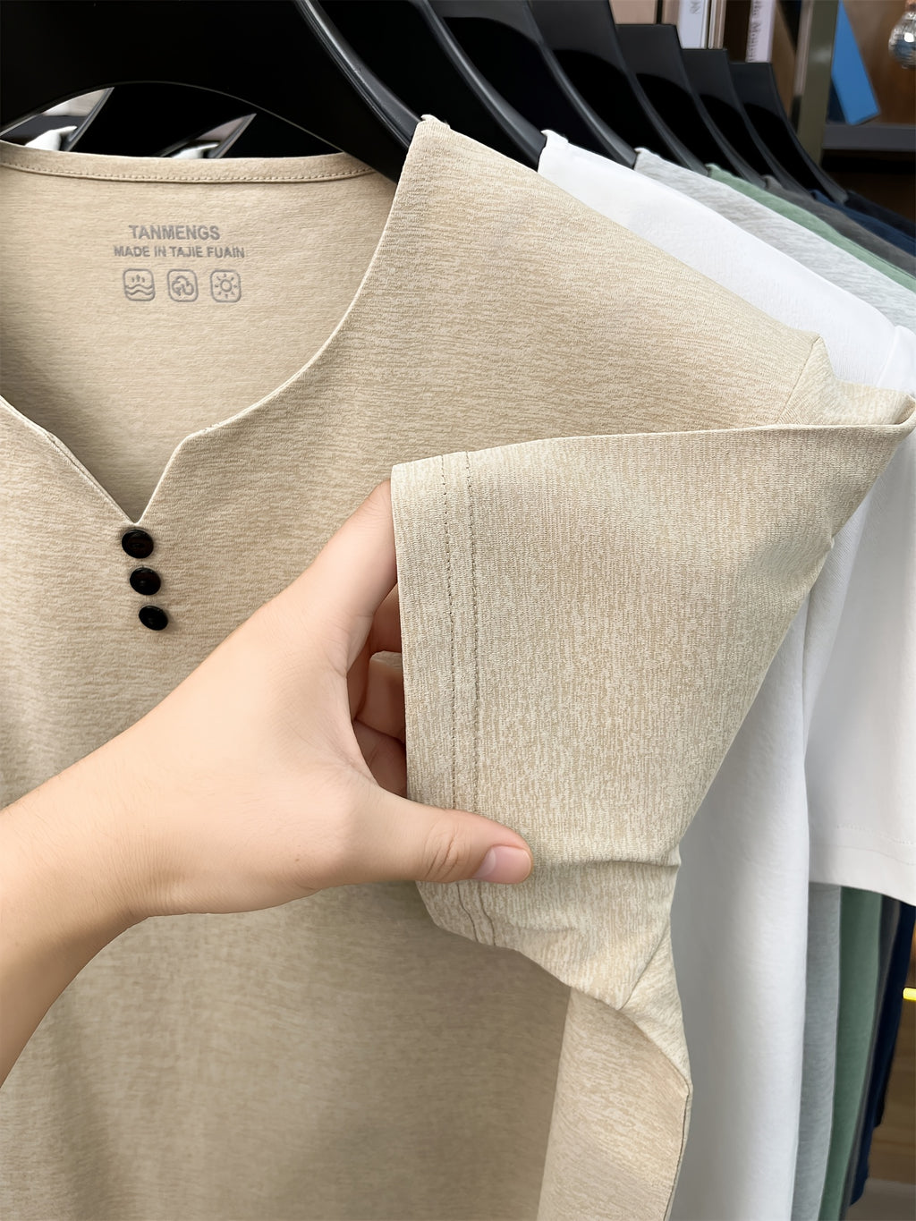 [Qiaoximei OBM] Summer New Men'S Henley Shirt, Collarless Solid Color Top, Faux Button Decoration, Golf Casual Wear, Suitable for Outings And Casual Wear, Men'S Gift - Beige Apricot
