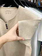 [Qiaoximei OBM] Summer New Men'S Henley Shirt, Collarless Solid Color Top, Faux Button Decoration, Golf Casual Wear, Suitable for Outings And Casual Wear, Men'S Gift - Beige Apricot