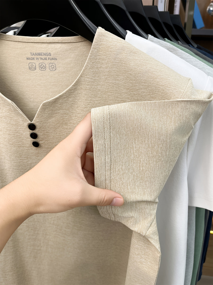 [Qiaoximei OBM] Summer New Men'S Henley Shirt, Collarless Solid Color Top, Faux Button Decoration, Golf Casual Wear, Suitable for Outings And Casual Wear, Men'S Gift - Beige Apricot
