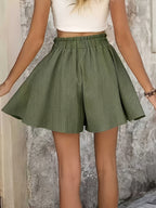 Western Summer New Solid Color Fashion Elegant Waist-Cinching Loose Wide-Leg Shorts Skort - Olive Green