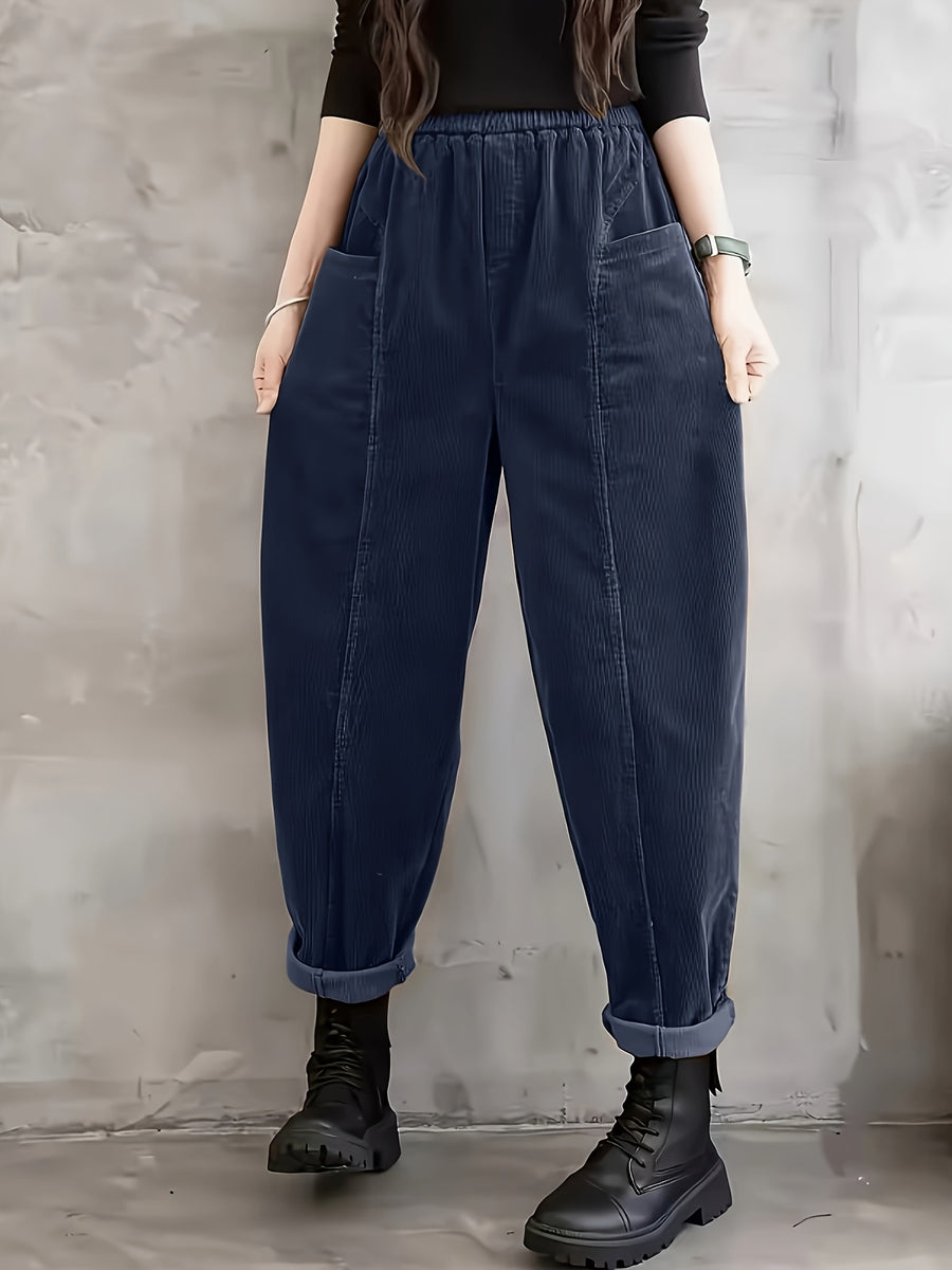 Plus Size - Plus Size - Women'S Elegant Wide-Leg Corduroy Harem Pants - Tapered Design with Pockets, All-Season Corduroy Trousers, Suitable for Casual And Formal Occasions - Navy Color