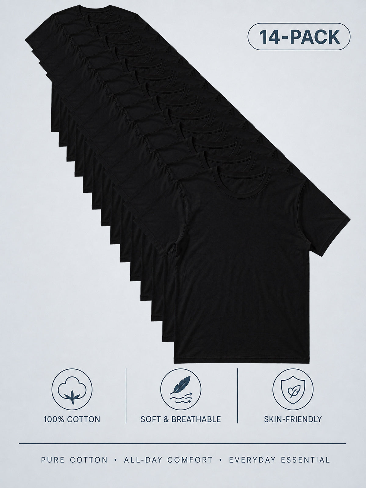 14pcs Men'S 100% Solid-Colored Short-Sleeved T-Shirts, Available in Black And White, Lightweight, Comfortable, Breathable, Machine-Washable, Round-Neck Tops, Suitable for Daily Casual Wear, Work, And Gift Giving - 14-Piece Set in Black