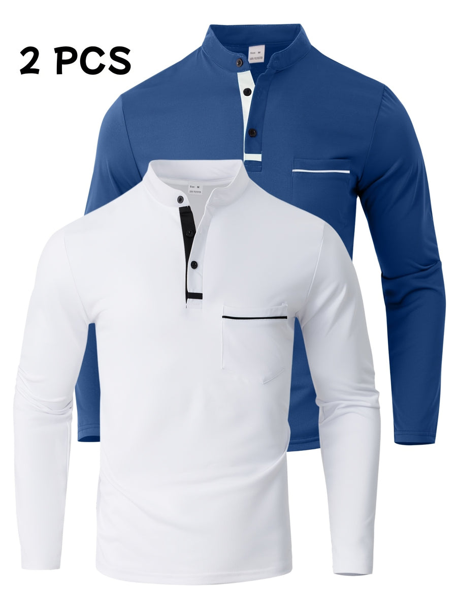 [JOSHIMAI OBM] 2pcs Men'S Long Sleeve Henley Shirts, Soft Comfortable Stretch Fabric, Lightweight Breathable Easy Care, Stand Collar 3-Button Placket Design, Contrast Color Placket And Pocket Details, Suitable for Office Commute, Business Casual - White+Sea Blue