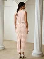 French Hollow-Out Lace Spliced Camisole Top And Straight Midi Skirt 2pcs Set, Elegant Women'S Wear for Daily Commute And Dating - Light Pink Color