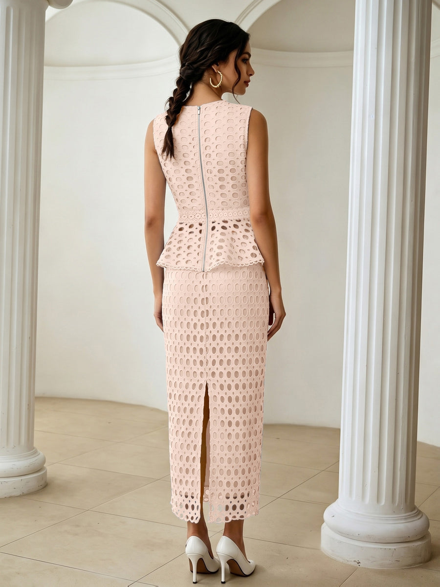 French Hollow-Out Lace Spliced Camisole Top And Straight Midi Skirt 2pcs Set, Elegant Women'S Wear for Daily Commute And Dating - Light Pink Color