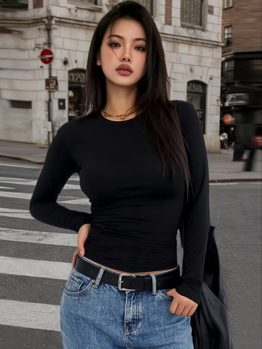 Women'S Sexy Solid Color Tight Long Sleeve T-Shirt - Fashionable Round Neck Basic Top, Slim Fit Design for Spring And Autumn Seasons, Elastic Fabric - Black