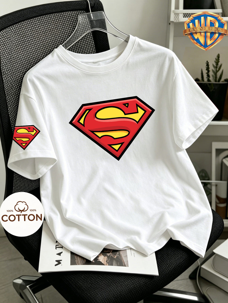 100%, DC Superman Logo Classic Running Men'S Print for Spring, Summer, Autumn, Men'S And Women'S Short Sleeved T-Shirt, Round Neck Comfortable Top, Soft And Comfortable Fabric, Perfect for Home, Sports, Outdoor, Casual - White
