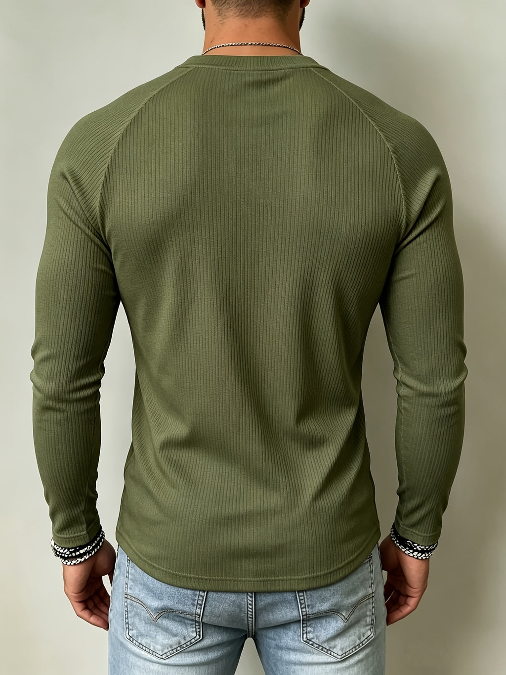 3pcs Men's Vintage Ribbed Knit Henley Long Sleeve Shirt - V-Neck Tie-Back Design, Slim Fit for a Slimming Look, American Tough Guy Style Raglan Sleeve T-Shirt, Versatile Base Layer for Autumn/Winter Fitness, Sports, and Streetwear - Gray+green+white
