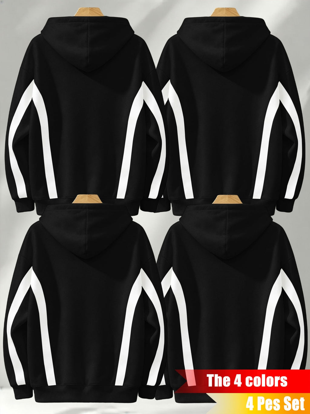 4pcs Set: 2026 Autumn/Winter Men's Street Style Hooded Sweatshirt with Diagonal Contrast Color Stripes on Sleeves, Long Sleeves, Adjustable Drawstring, Large Capacity Kangaroo Pocket for Phones, Skin-Friendly and Warm, Versatile Pullover Hoodie - Black + Black + Black + Black