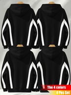 4pcs Set: 2026 Autumn/Winter Men's Street Style Hooded Sweatshirt with Diagonal Contrast Color Stripes on Sleeves, Long Sleeves, Adjustable Drawstring, Large Capacity Kangaroo Pocket for Phones, Skin-Friendly and Warm, Versatile Pullover Hoodie - Black + Black + Black + Black