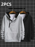 2pcs Novelty Diagonal Zipper Hoodie, Men's Casual Stretch Hooded Sweatshirt Jacket, Men's Sportswear - Gray Black