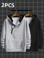 2pcs Novelty Diagonal Zipper Hoodie, Men's Casual Stretch Hooded Sweatshirt Jacket, Men's Sportswear - Gray Black