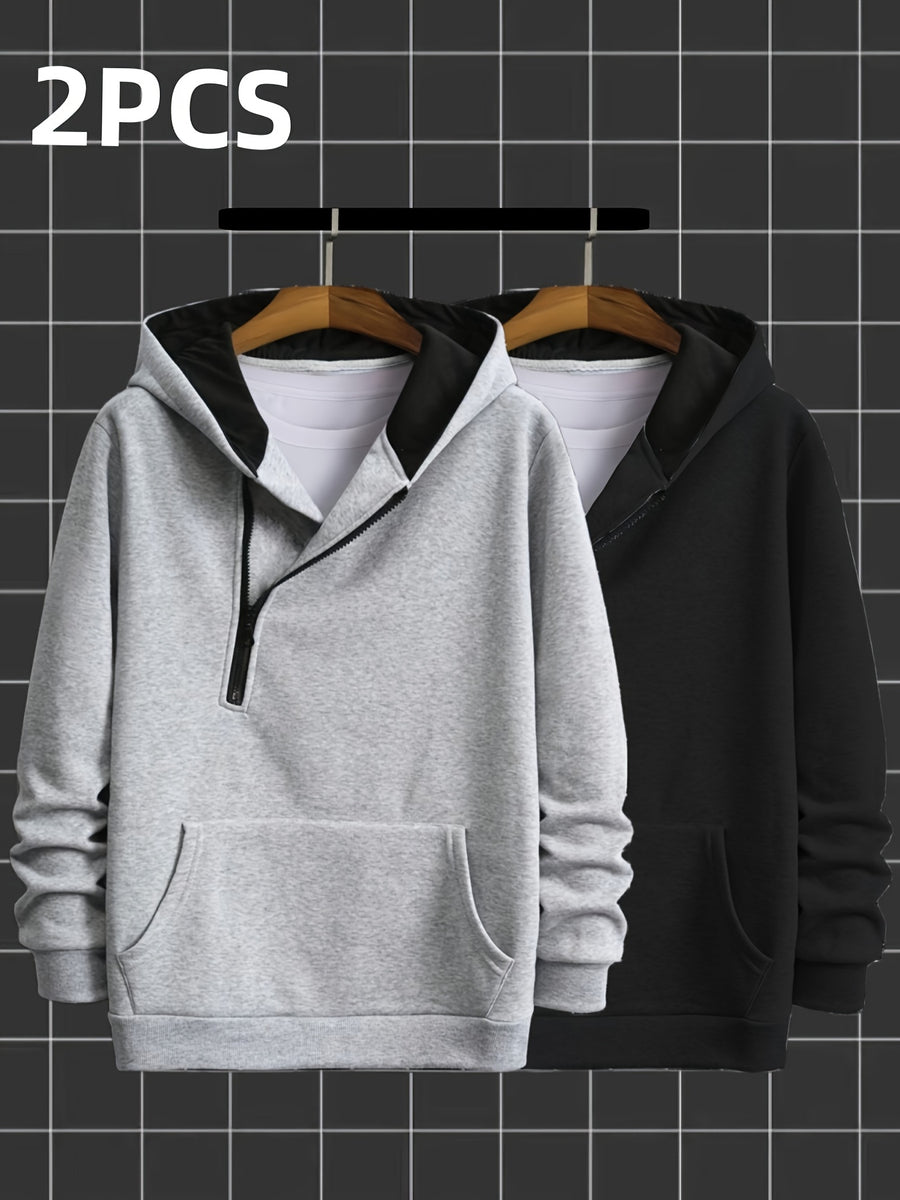 2pcs Novelty Diagonal Zipper Hoodie, Men's Casual Stretch Hooded Sweatshirt Jacket, Men's Sportswear - Gray Black