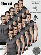 10pcs Set Solid Color Hooded Vest Great Value Comfortable Soft Breathable Sweat-Wicking Casual Sports Active Wear Everyday Versatile Fashion No Limit - Grey
