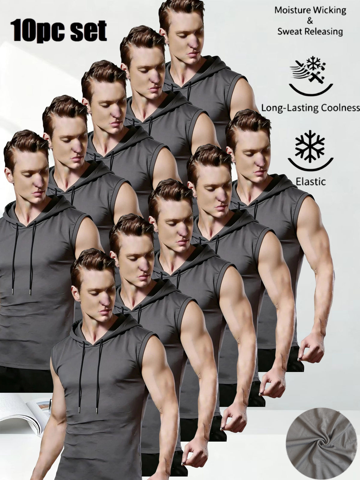10pcs Set Solid Color Hooded Vest Great Value Comfortable Soft Breathable Sweat-Wicking Casual Sports Active Wear Everyday Versatile Fashion No Limit - Grey