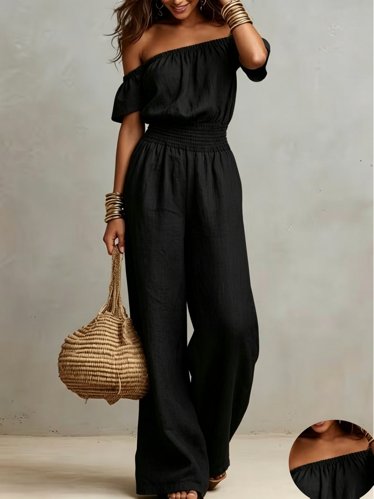 Vintage Off-the-Shoulder Sexy Sleeveless Drawstring Waist Wide-Leg Jumpsuit - Black