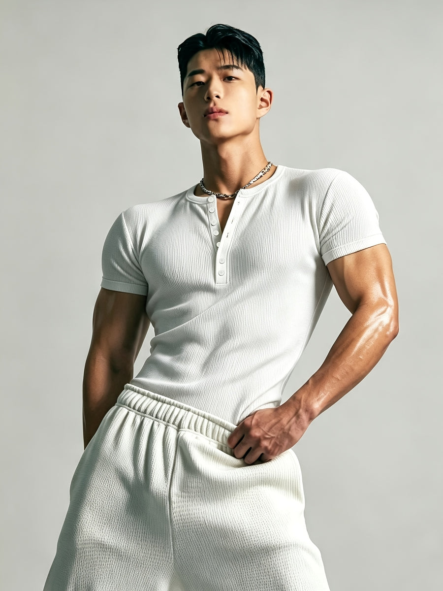 Men's Slim-Fit Henley Neck Knit Short-Sleeve T-Shirt. High-stretch Ribbed Fabric Accentuates Muscle Definition, Breathable and Sweat-wicking for a Non-stuffy Feel. Suitable for Multiple Occasions Including Fitness Training, Daily Commutes, Spring - White