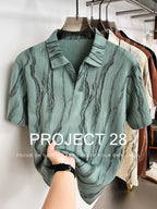 High-Quality Light Luxury Style Lazy Old Money Style Men'S Short Sleeve Seagull Collar Pullover Knit POLO Shirt Fashion Casual Suitable for Outdoor Sports Golf Base Layer Top Diamond Jacquard Textured Fabric Ink Wash Striped Craft Easy Commuter Ligh - Green
