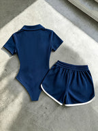 Casual and Elegant Women's Clothing, New Summer Outfit, Solid Color V-neck Short-sleeve Bodysuit & Drawstring Fitted Shorts with Embroidery and Contrasting Color Trim, 2pcs Women's Pants Set, Suitable for Home, Leisure, Outings, Afternoon Tea - Blue