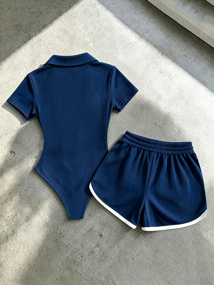 Casual and Elegant Women's Clothing, New Summer Outfit, Solid Color V-neck Short-sleeve Bodysuit & Drawstring Fitted Shorts with Embroidery and Contrasting Color Trim, 2pcs Women's Pants Set, Suitable for Home, Leisure, Outings, Afternoon Tea - Blue