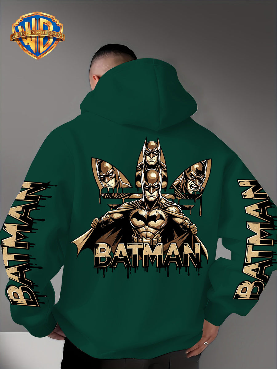 Warner Bros. Official Men's Hooded Sweatshirt - 1pc, Batman BATMAN Vintage Black and Golden Drip Lettering Creative Print, Trendy and Cool DC Superhero IP Graphic Hoodie, Skin-Friendly, Comfortable, and Warm Fabric, Kangaroo Pocket with Ribbed Cuffs - Green