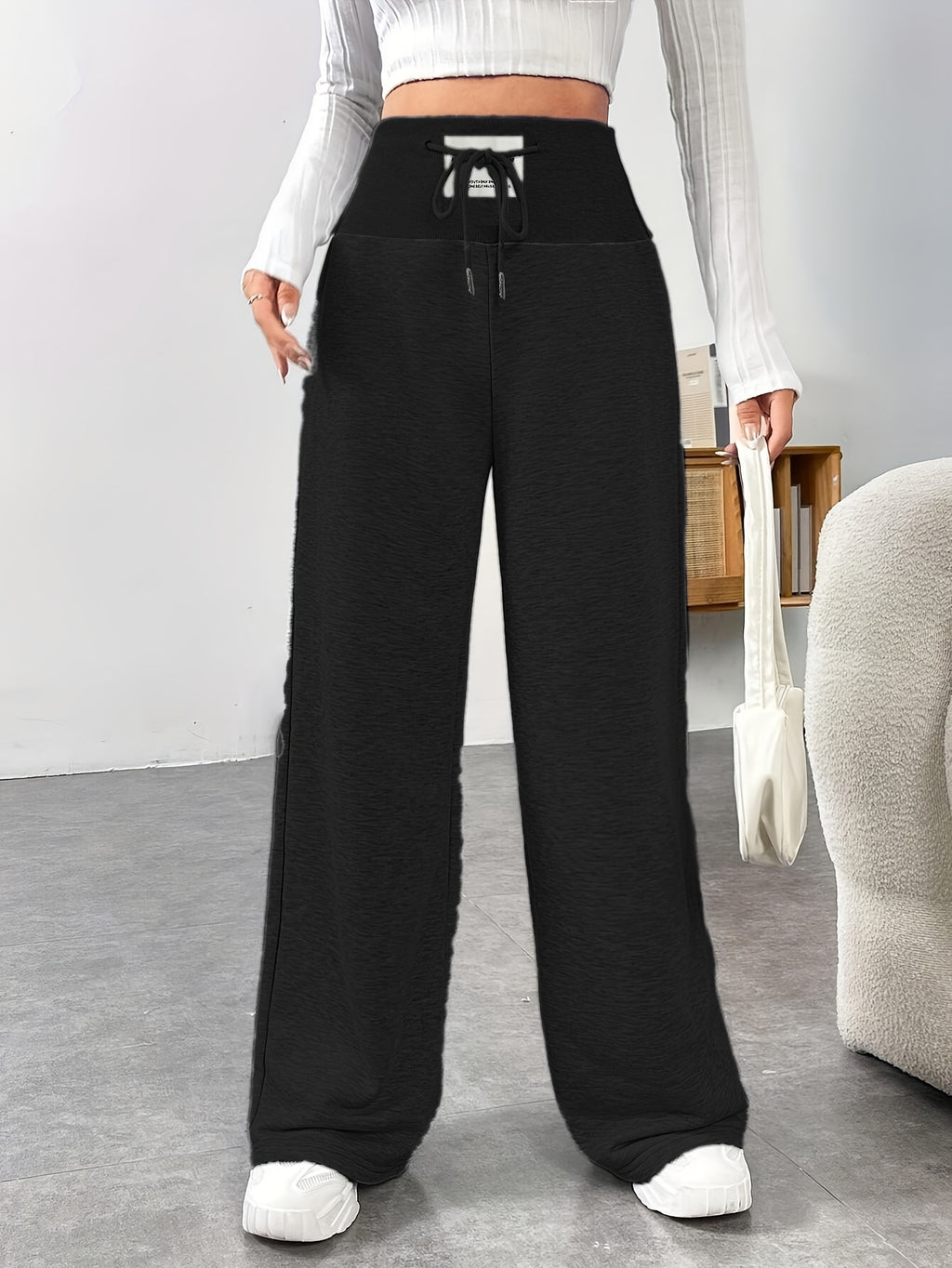 High-waisted Ribbed Waistband Wide-leg Pants with Contrast Drawstring and Label, No Pockets, Solid Color, Versatile for Daily Commuting in Spring, Summer, and Autumn. Lightweight and Easy to Wear, a Fashionable Choice - Black