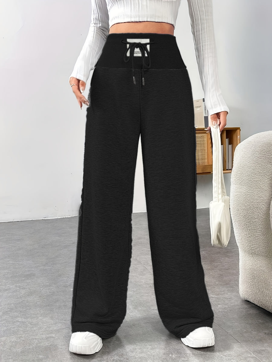 High-waisted Ribbed Waistband Wide-leg Pants with Contrast Drawstring and Label, No Pockets, Solid Color, Versatile for Daily Commuting in Spring, Summer, and Autumn. Lightweight and Easy to Wear, a Fashionable Choice - Black