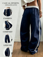 Women's casual fashionable wide-leg sports pants, suitable for yoga, fitness, and athletic wear - Navy Color