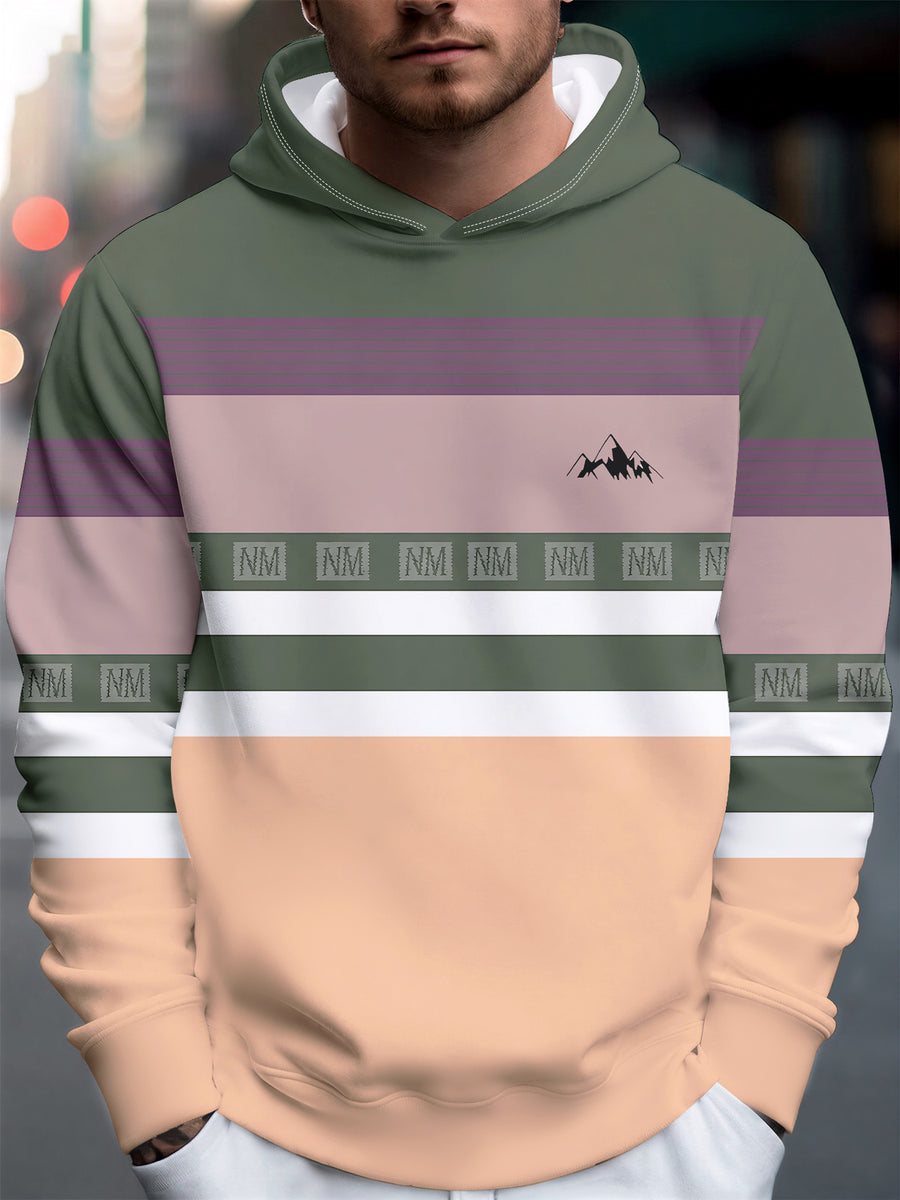 4 Styles, Men's Long Sleeve Casual Hoodies with Fresh Mountain Pattern with Contrasting Horizontal Stripes Prints, Trendy Printed Hooded Jackets, Sporty and Fashionable Style, Spring and Autumn Tops for Daily Casual Outfits. - Mixed colors