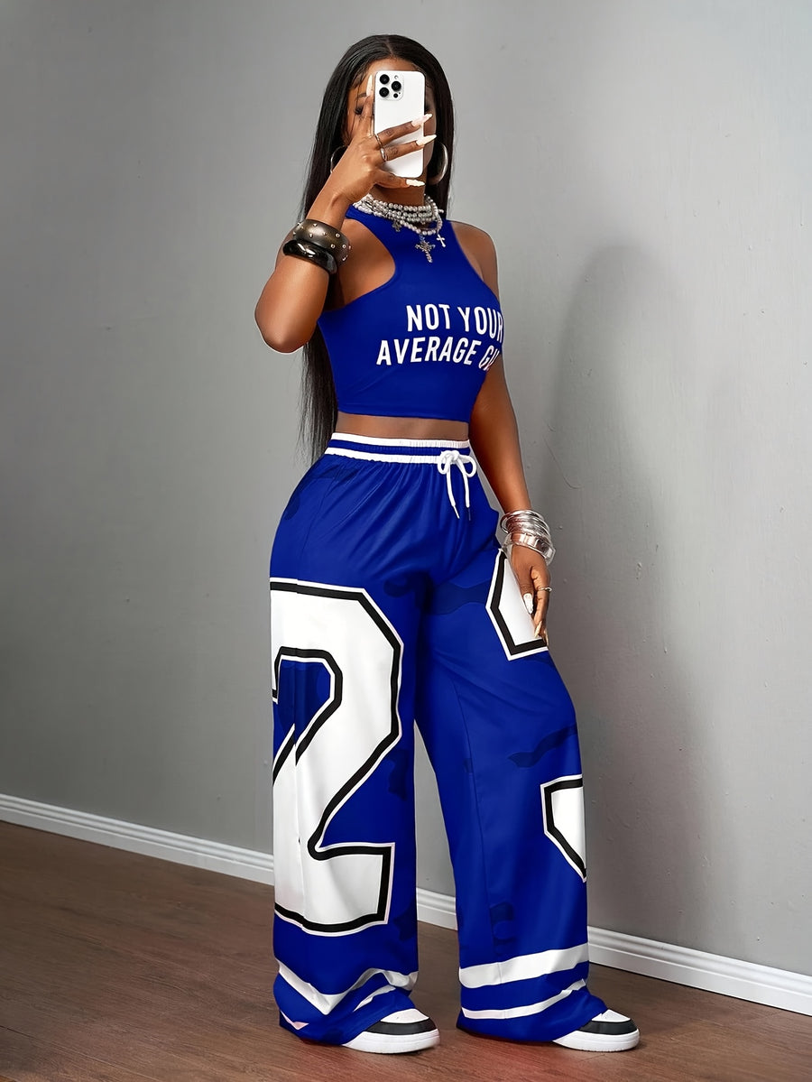 Women's Casual 2pcs Set, Summer Commuter Street Style Outfit, Low-Waist Cropped Color-Block Printed T-Shirt with Letter Print Pattern, Digital Printing Process, High-Waist Elastic Drawstring Pocket Wide-Leg Pants for a Perfect Gift for Family - Blue