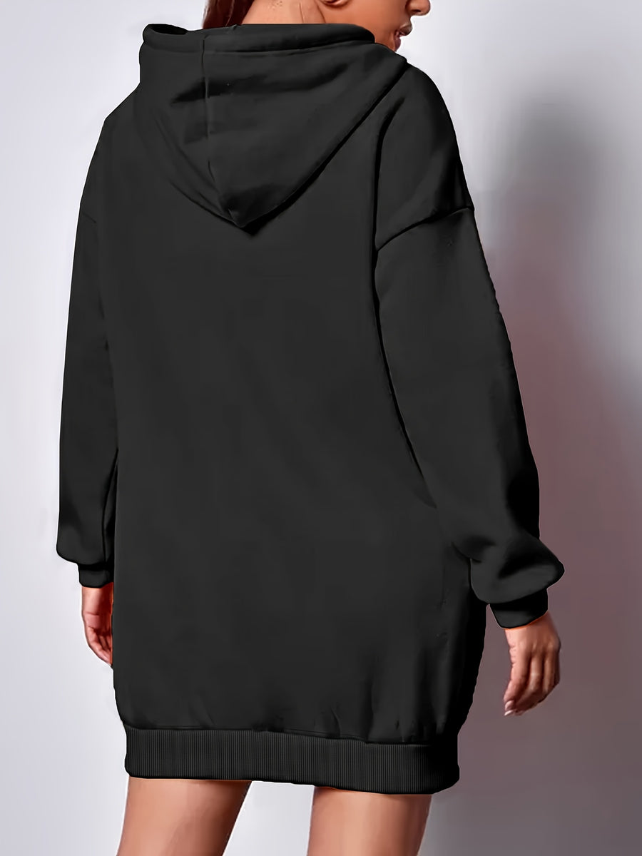 Women's Fashion Y Letter Print Hooded Sweatshirt Dress, Autumn/Winter High-End Stylish Streetwear Youthful -Lined Color-Block Hooded Sweatshirt, Casual Versatile Hoodie, Outerwear, Pullover, Long Sweatshirt, Elegant - Black
