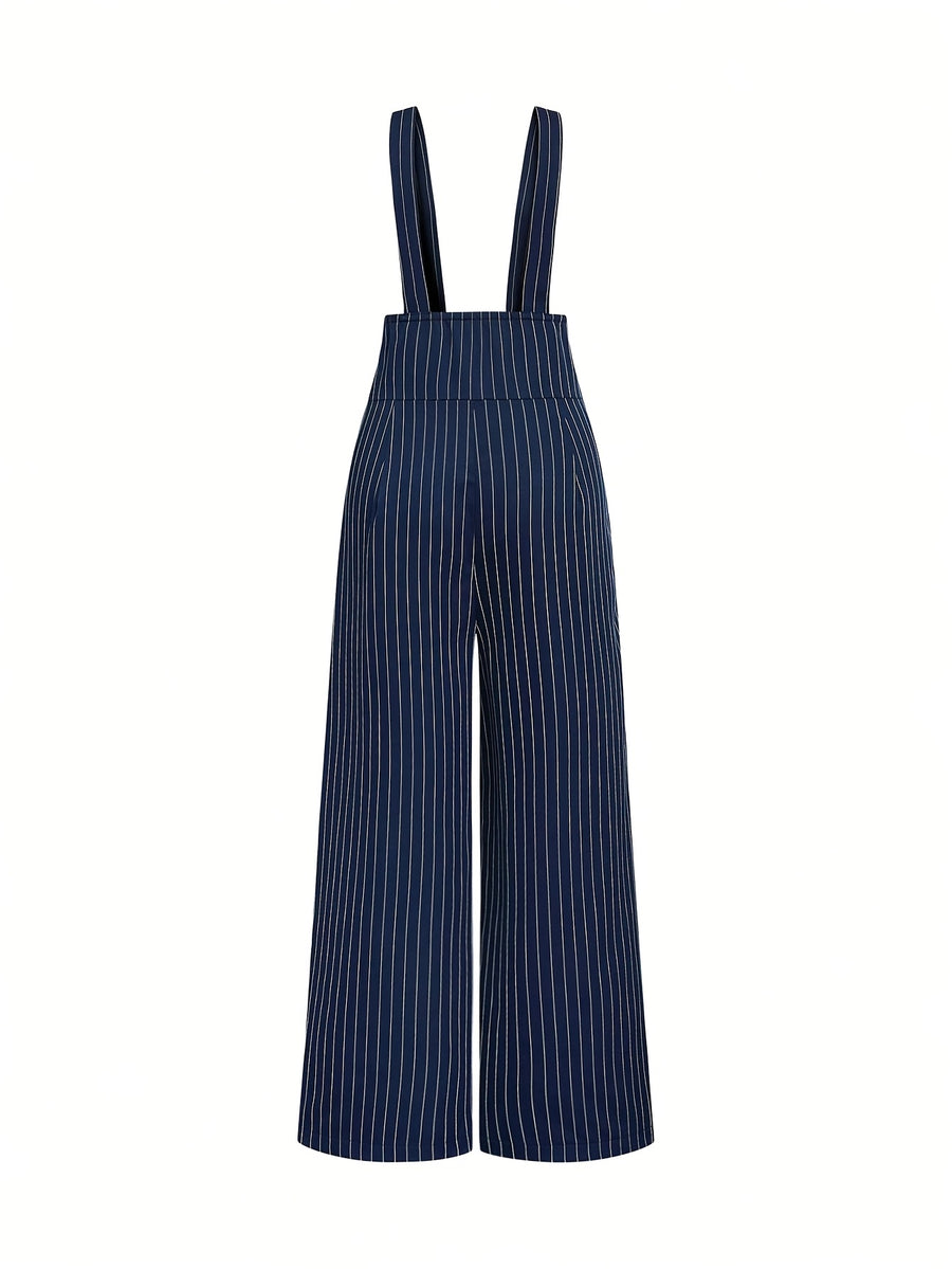 ASD1 New Striped French Elegant Fashion Design High-Waist Straight Wide Loose Casual Daily Versatile Women'S Jumpsuit - Blue And White