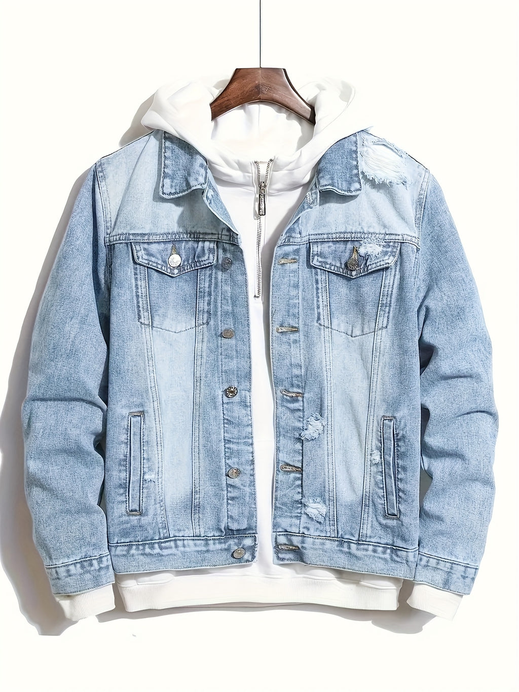 Men's Slim-fit Cotton Jacket, Men's Denim Jacket, Without T-shirt - Bright Steel Blue