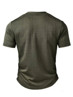 Men's Fashion Top, Spring/Summer Outdoor Textured Jacquard Fabric, Solid Color Crew Neck Single-Breasted Short Sleeve Henley Shirt - Olive Green