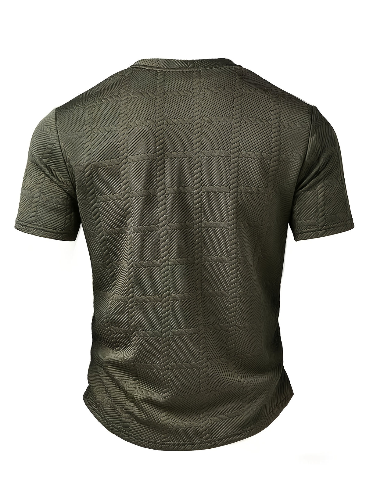Men's Fashion Top, Spring/Summer Outdoor Textured Jacquard Fabric, Solid Color Crew Neck Single-Breasted Short Sleeve Henley Shirt - Olive Green