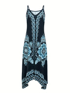 Spring/Summer Women's Ethnic Print Vintage Casual Versatile Fashion Spaghetti Suspender Dress Elegant French-Style Daily Wear - Blue