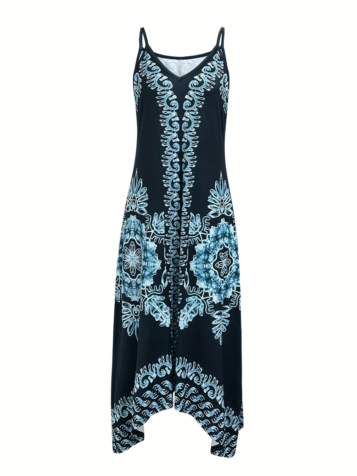Spring/Summer Women's Ethnic Print Vintage Casual Versatile Fashion Spaghetti Suspender Dress Elegant French-Style Daily Wear - Blue