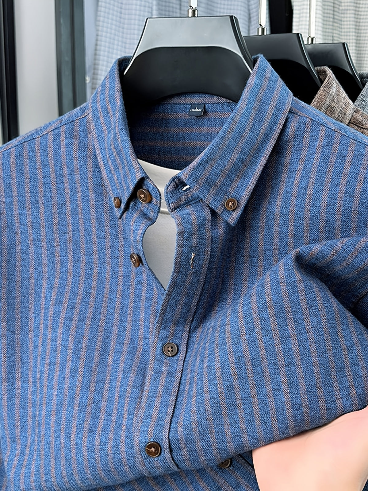 Men's Brushed Vertical Stripe Long-Sleeve Shirt, Vintage Vertical Stripes, Loose Casual Fit, Suitable for Autumn and Early Winter - SINBOS - Blue
