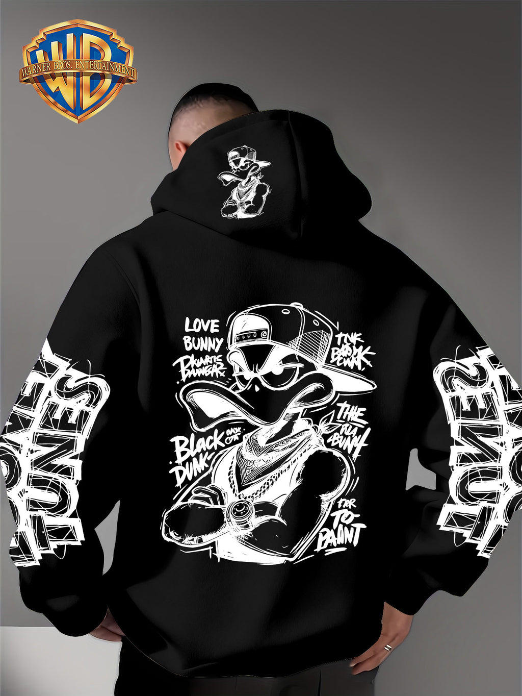 Dark Duffy Duck Pattern Print - Men'S Fashion Hoodie Sweatshirt, Trendy Sleeve Print Design, Suitable for Multi-Style Daily Wear Pullover, Soft And Delicate Touch, Helping You Be Comfortable And Stylish, Easily Mastered for Campus, Commuting - Black