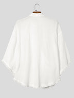 Men Leisure Tops Tassel Decor Stand Collar Half Sleeve Loose Thin Outdoor Street Summer Casual Shirt - White