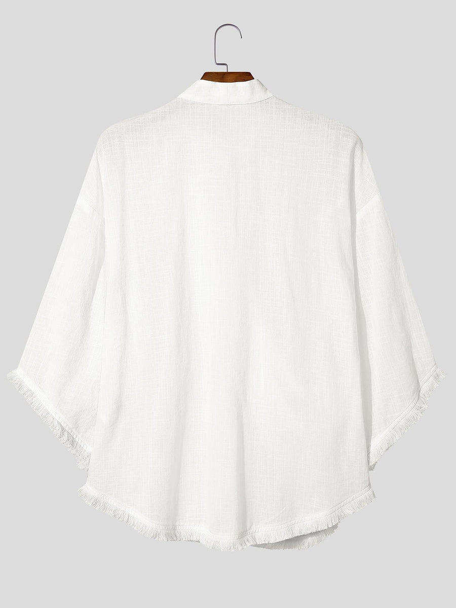 Men Leisure Tops Tassel Decor Stand Collar Half Sleeve Loose Thin Outdoor Street Summer Casual Shirt - White