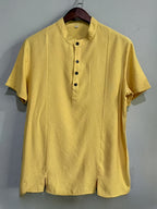 Men'S Henley Shirt | Casual Stand Collar, Slight Stretch Fabric, Button Detail, Solid Color, Regular Fit For Spring/Fall - Bright Yellow