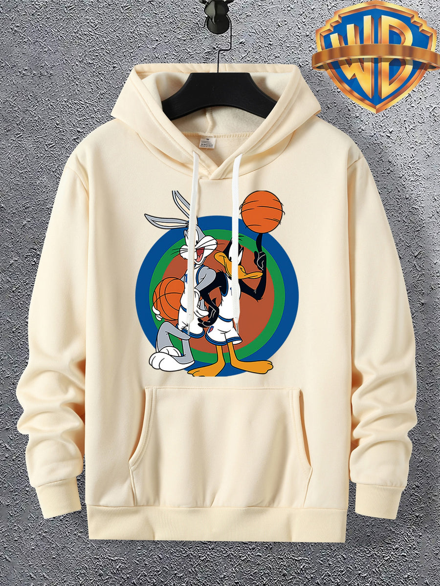 Warner Licensed Men'S Autumn Long Sleeve Hooded Sweatshirt, Durable Ribbed Cuffs, Breathable Polyester Fabric, Round Bottom with Rabbit And Duck Cartoon Print, Suitable for School Youth Casual Wear, Class, Club, Court Activities - Apricot