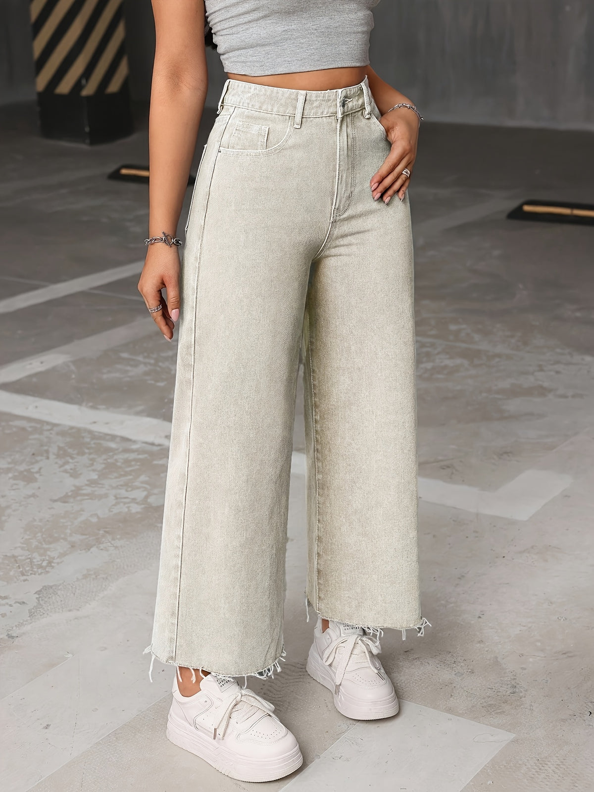 Classic Fashion Everyday Women's Non-Stretch Versatile Washed Denim Raw Hem High-Waist Wide-Leg Pants - Granny Gray